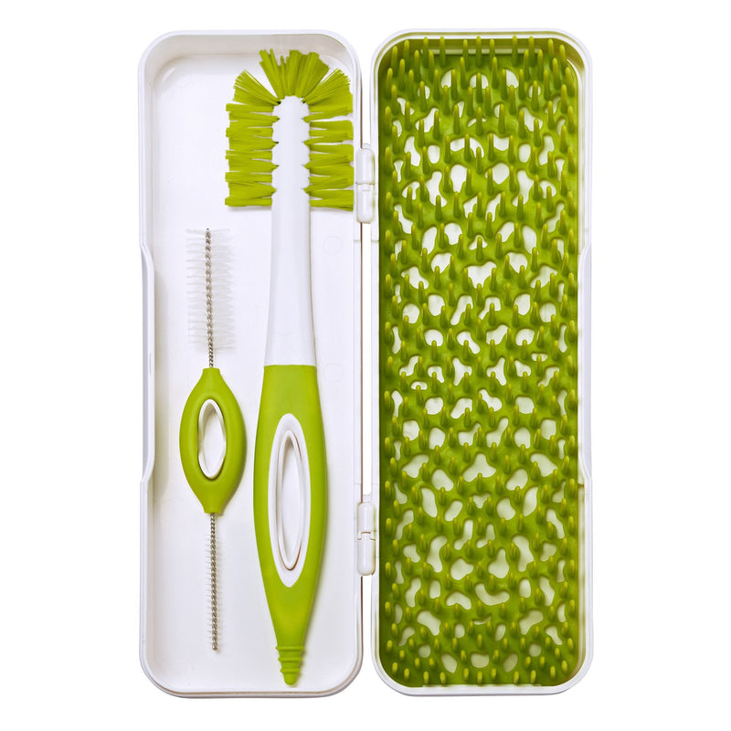 Boon Trip Silicone Travel Bottle Drying Rack - Portable Baby Bottle Drying Rack and Baby Bottle Brush Set - Travel Bottle Cleaner Kit - Baby Travel Essential - Green and White - BeesActive Australia