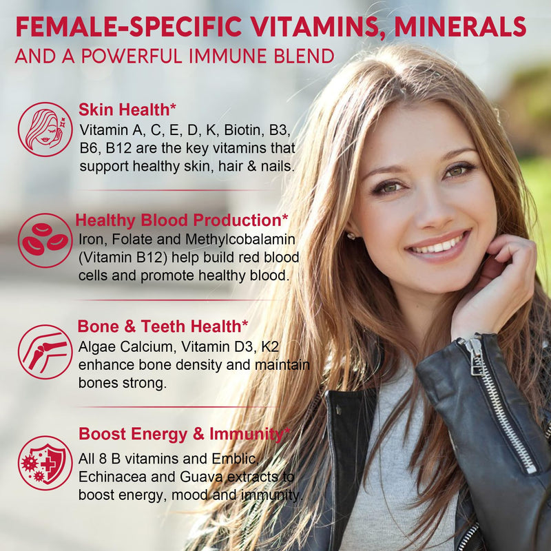 Methylated Multivitamin for Women Gummies, Calcium, D3, Methylfolate & B12 | Daily Vitamin A C E, K2, B Complex, Biotin, Zinc, Iron, Inositol -Energy, Immune, Bone, Skin, Hair - Sugar Free, Vegan -60Cts 60 Count (Pack of 1)