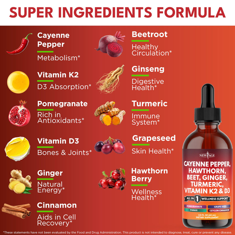 Cayenne Pepper Supplement Liquid Drops + Hawthorn Berry, Vitamin D3 K2 Beet Root Powder, Ceylon Cinnamon, Turmeric Curcumin, Organic Panax Ginseng - 4oz 2 Fl Oz (Pack of 2)