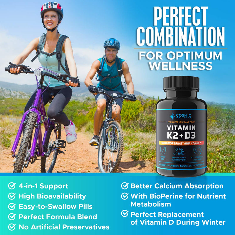 K2 D3 Vitamin Supplement 5000 Iu - for Healthier Bones, Blood, Heart, and Better Immunity - Enhanced Calcium Absorption with Bioperine - 100% Natural and Allergen-Free - Vitamin D3 K2 Mk7 5000 Iu
