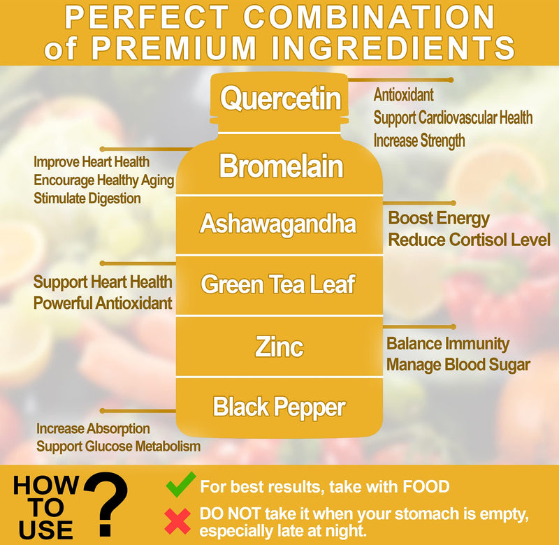 Premium High Purity Quercetin 98% with Bromelain Capsules Equivalent to 3470 mg - Maximum Potency with Green Tea Ashwagandha - Supports Overall Health Strength Energy - 150 Days Supply - BeesActive Australia