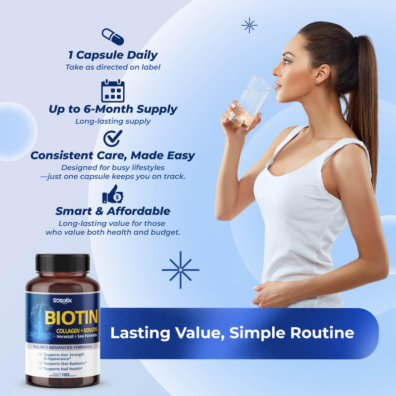 Biotin with Collagen + Keratin Horsetail + Saw Palmetto - Thick Hair, Vibrant Skin, Healthy Nails (180-day Supply (Pack of 1))