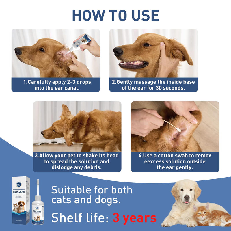 PCpetclear Ear Cleaner for Dogs & Cats 60ml, Stop Ear Inflammation and Itching, Dog Earwax, Dirt, Odor Remover - BeesActive Australia