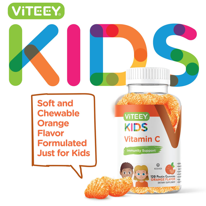 Viteey Kids Vitamin C Gummies - Tasty Chewable Orange Flavored | Immune Support for Kids, Toddlers, & Teens - Vegan, Gelatin Free, Gluten Free, GMO Free Immunity Gummy-120 Count 120 Count (Pack of 1)