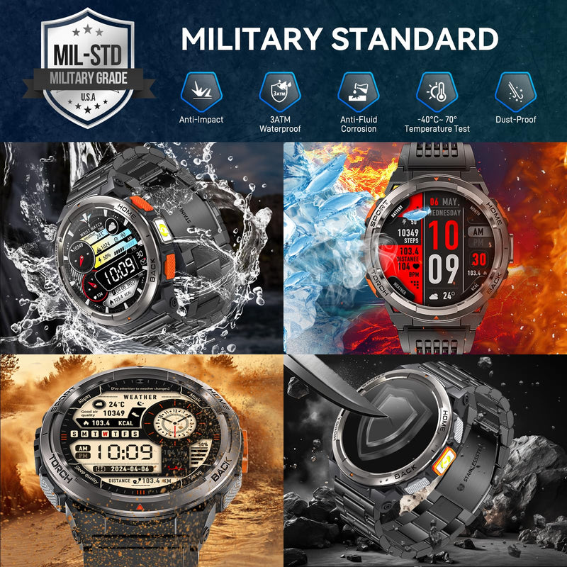 Military Smart Watches for Men with LED Flashlight, Tactical Rugged Smart Watch with 1.45" HD, 3ATM Waterproof & Compass, Sports Fitness Tracker with Heart rate/SPO2/Sleep Monitor KE5-Grey Button