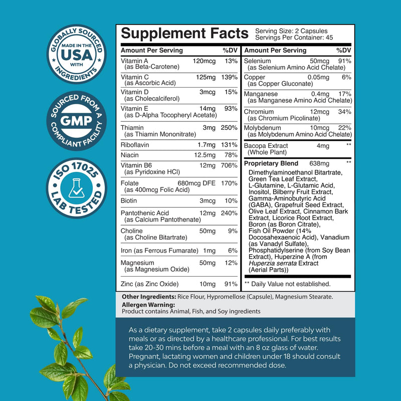 Nootropic Brain Supplement for Memory and Focus Support - Vitamins for Mental Support & Clarity with Bacopa Monnieri, VIT A, B6, Riboflavin, Niacin, Thiamin & Folate - Cognitive Complex - 90 Ct 90 Count (Pack of 1)