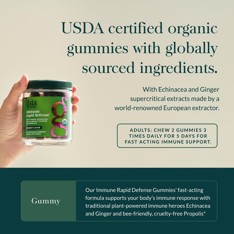 Gaia Herbs Organic Immune Rapid Defense Gummies - Supports Immunity - with Propolis, Ginger, and Echinacea - 60 Vegan Gummies (30-Day Supply) - BeesActive Australia