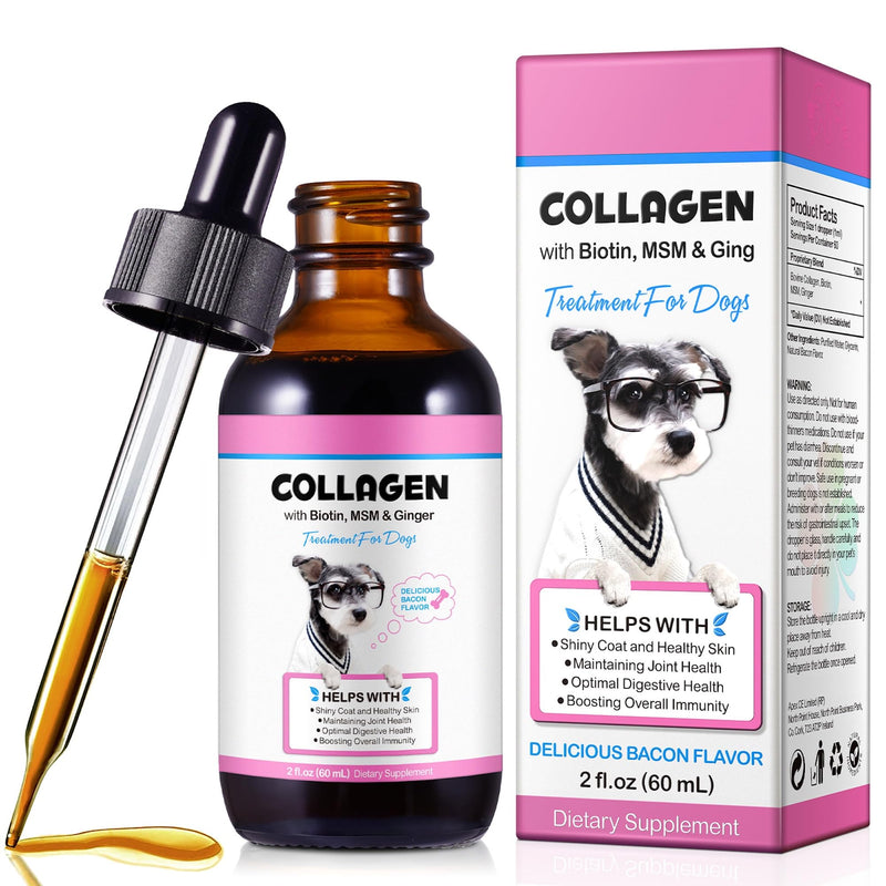 AL'lVER Collagen for Dogs Liquid Drops – Daily Dog Supplement with Biotin, MSM & Ginger – Supports Joints, Skin & Coat Health, Relieves Itchy Skin – Bacon Flavour, 2 Fl.oz