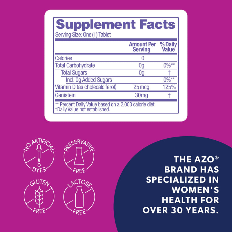 AZO Daily Menopause Relief + Vitamin D for Women 30 Count | Hot Flash and Night Sweats Menopause Relief*, Clinically Studied Genistein, 1000 IU Vitamin D, Hormone-Free, 1 Capsule Daily