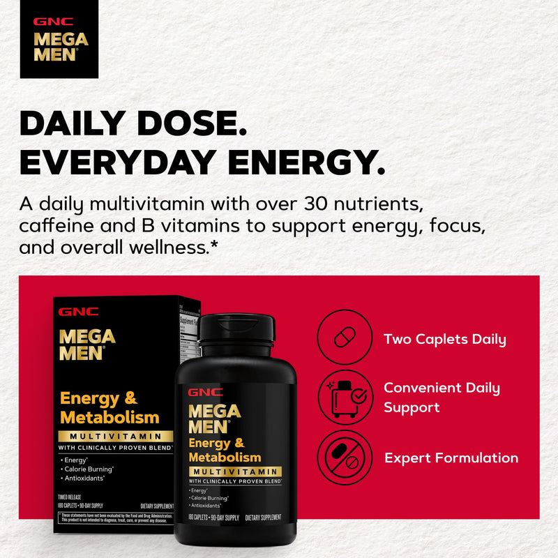 GNC Mega Men Energy & Metabolism Multivitamin for Men | Antioxidants and Increased Calorie Burning | 180 Count | Clinically Studied Antioxidants Support Energy Production, Colon and Prostate Health, Calorie Burning, and Mental Sharpness