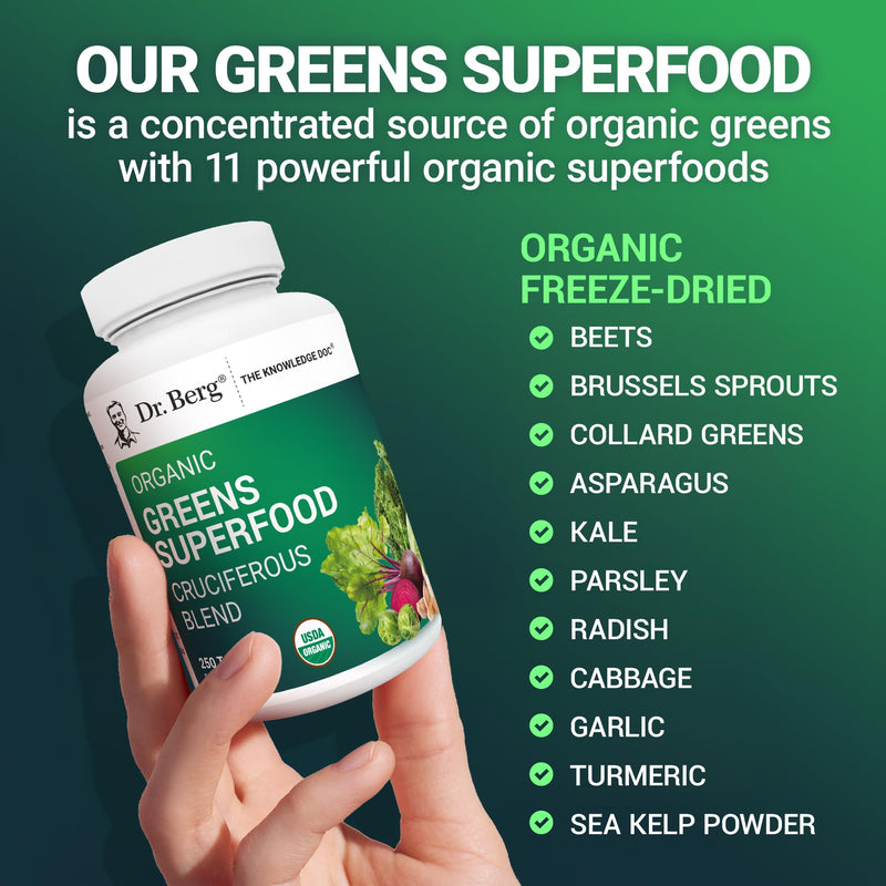 Dr. Berg's Greens Superfood Cruciferous Vegetable Tablets - Vegetable Supplements for Adults w/ 11 Phytonutrient Super Greens Tablets - Energy, Immune System & Liver Veggie Tablets - 250 Tablets Organic Greens Superfood (250 Tablets)