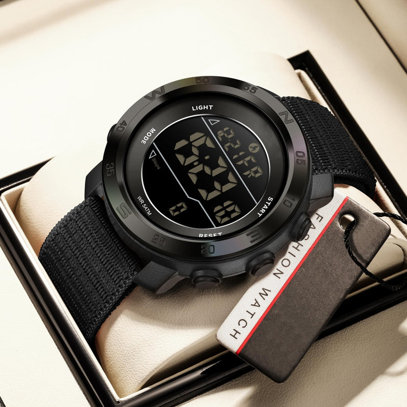 findtime Mens Digital Sport Watch Pedometer Step Counter Watches Military Minimalist Waterproof Tactical Outdoor Army Wrist Watch Dual Time Led Countdown Stopwatch Alarms Nylon Strap, No App Black