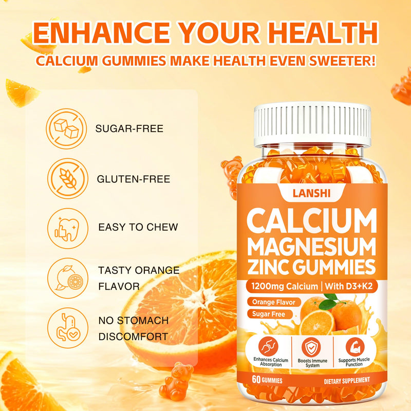 Calcium Gummies Calcium 1200 mg with Vitamin d3, K2, B12, Magnesium & Zinc | Calcium Magnesium Zinc Gummies for Bones, Immune & Energy Support, Sugar-Free Vegan Orange Flavor for Women & Men 60 Count (Pack of 2)