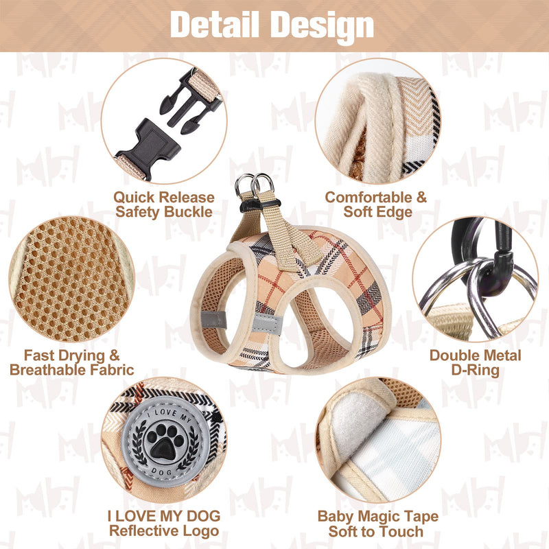 BEAUTYZOO Small Plaid Dog Harness and Leash Set for XS S Pets, Step in No Chock No Pull Soft Mesh Dog Vest Harnesses Reflective for Extra-Small/Small Medium Puppy Dogs and Cats, Beige S Small(Chest Girth 14.5" - 16") - BeesActive Australia