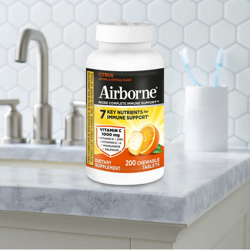 Airborne 1000mg Vitamin C Immune Support Citrus Chewable Tablets, 200ct | Antioxidants Vitamins A, D & E + Zinc, Selenium, and Manganese, Herbal Blend, Multivitamin Supplements, Immune Health, Tasty 200 Count (Pack of 1)