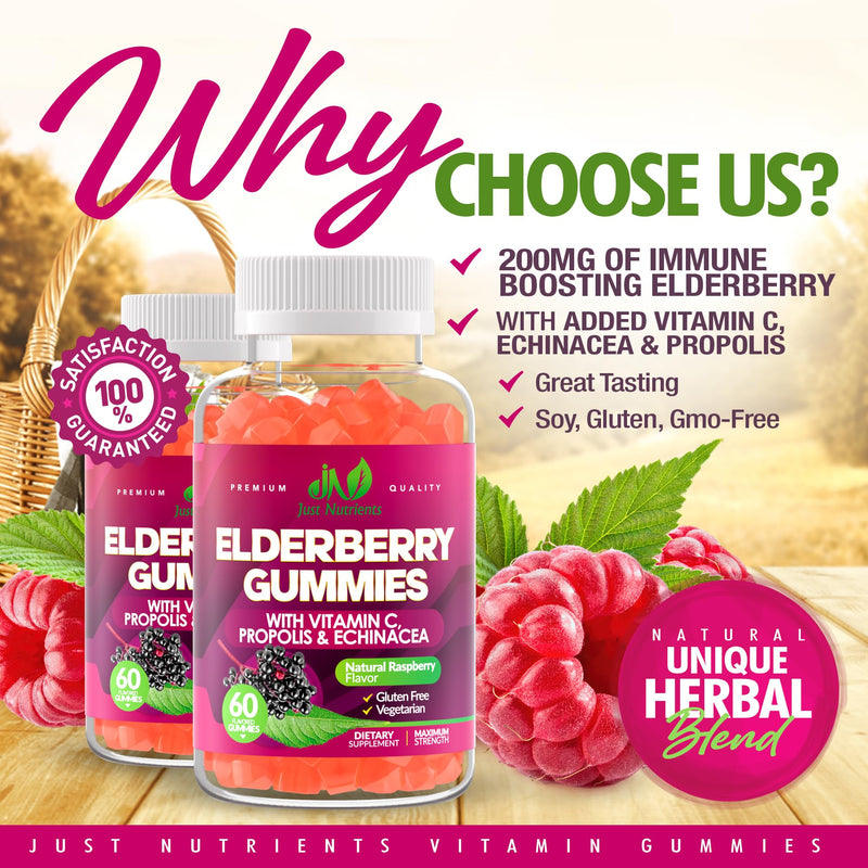 Elderberry Gummies with Vitamin C, Echinacea, Propolis (60 count) | Immune Support for Adults & Kids - Maximum Strength, Great Tasting Raspberry Flavor - Gluten-Free, Vegan 60 Count (Pack of 1)