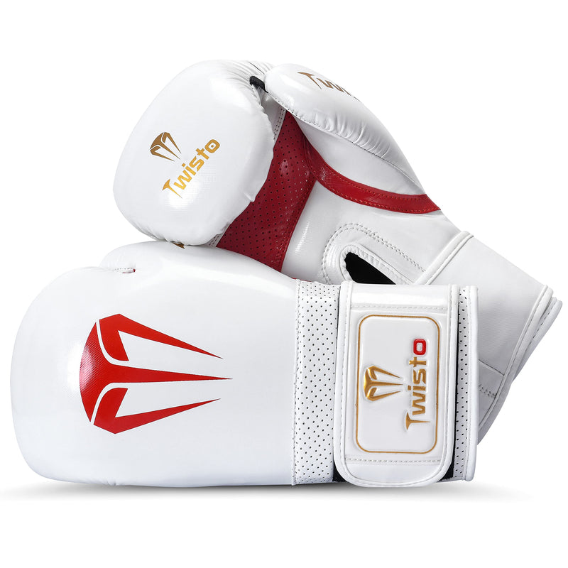 Twisto Boxing Gloves – Professional Training & Sparring Gloves for Men & Women – Muay Thai, MMA, Kickboxing, Heavy Bag, Gym Workout – Premium PU Leather with Wrist Support – 10oz 12oz 14oz 16oz 10 oz White / Red