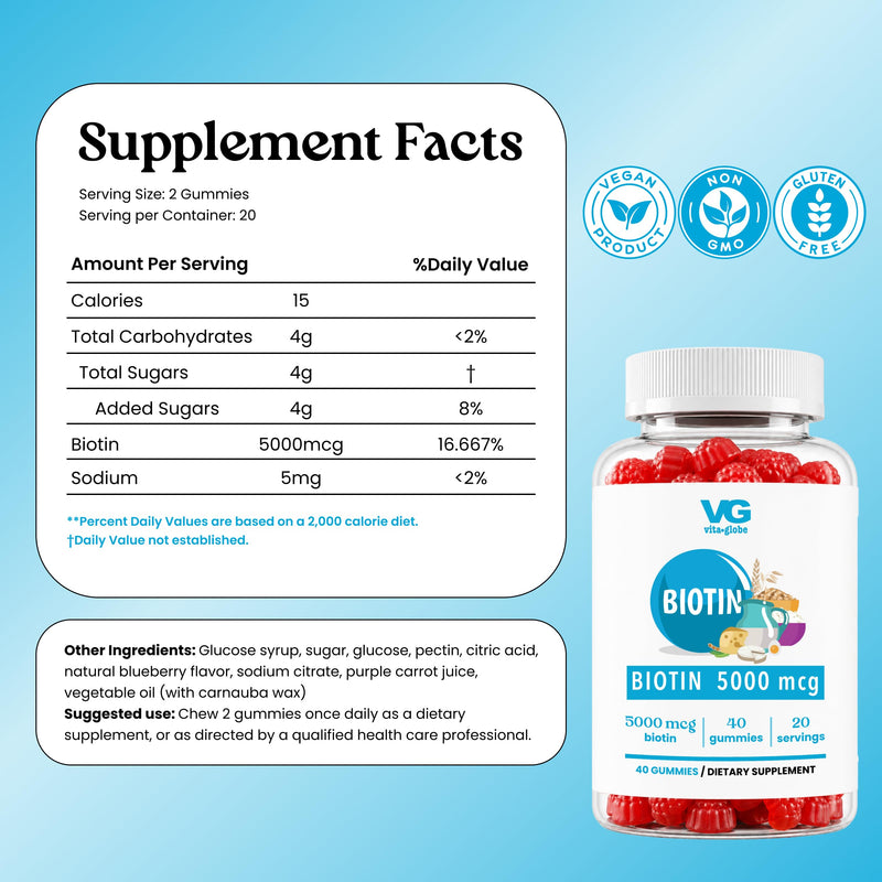 VITA GLOBE Hair Skin & Nails Gummies with Collagen 20mg + Biotin, Vegan | Hair Growth Support, Vitamins A C D E B6, Non-GMO, Chewable Daily Vitamins, 60 Gummies 40 Count (Pack of 1)
