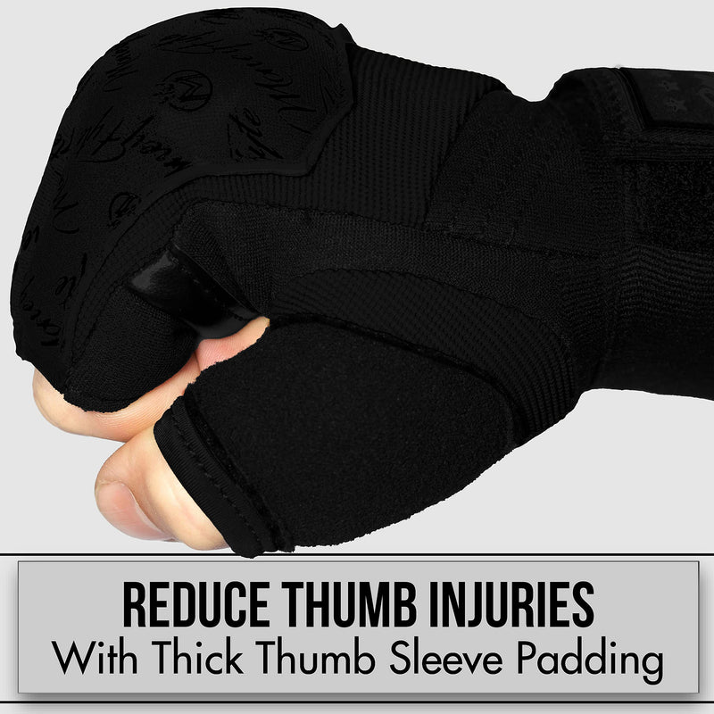 Quick Gel Boxing Wraps Under Boxing Gloves - Kickboxing MMA Muay Thai - Fist, Knuckle, Wrist Wrap Protection Inner Glove Hand Wraps - Men Women Kids All Black S/M
