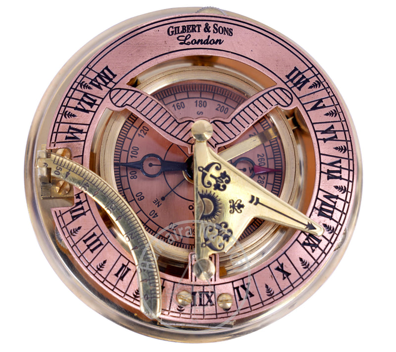 Humaira Nautical Vintage Brass Sundial Compass with Copper Dial & Leather Box Handmade Sun Clock Maritime Navigation Compass Gift - BeesActive Australia
