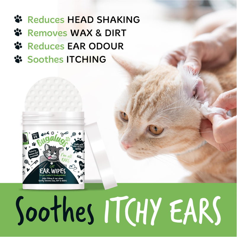 BUGALUGS Cat Ear Cleaner Cat Wipes 100 Biodegradable textured pre-soaked cat ear wipes. Pet Wipes Cat Ear Cleaner Solution Stops Head Shaking, Itching & Waxy Ears (100 Wipes)