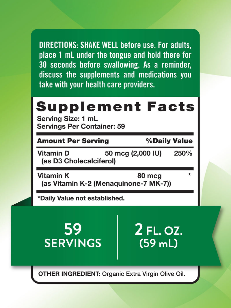 Nature's Truth Vitamin D3 K2 Liquid Drops | with MK-7 | 2 Fl Oz | Vegetarian, Non-GMO & Gluten Free Supplement | Essential Support