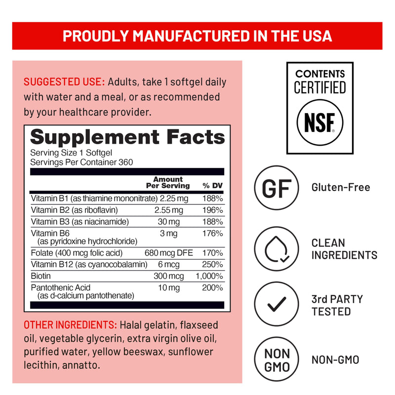 NatureWise Vitamin B Complex for Women and Men - with Folic Acid Biotin B1 B2 B3 B6 B12 - Support Cellular Energy & Mental Clarity - Gluten & Dairy Free - 360 Softgels[1-Year Supply] 360 Count (Pack of 1)