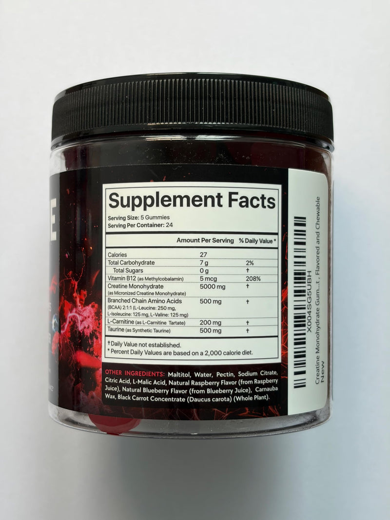 Creatine Monohydrate Gummies Complex 5000 MG for Men & Women with BCAA, L-Carnitine, Taurine & Vitamin B12, Strength & Energy Support, Flavored and Chewable