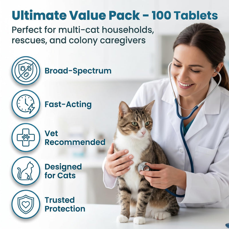 (praziquantel/pyrantel pamoate) Broad Spectrum Dewormer Tablets for Cats and Kittens, for Multi-Cat Homes, Rescuers & Shelters, 100 Tablets