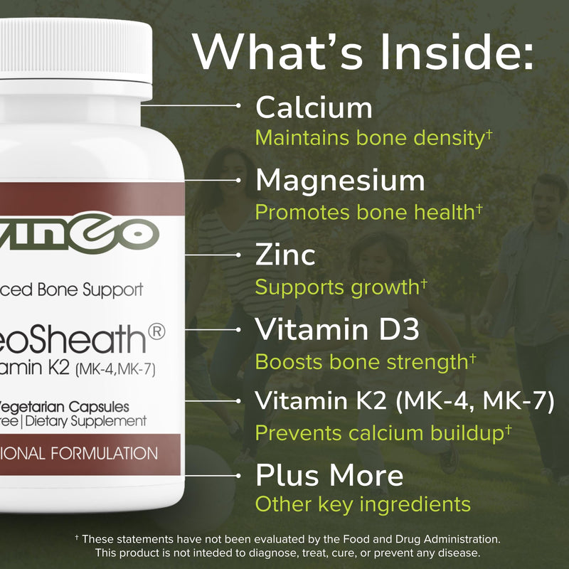 Vinco Inc - OsteoSheath® Enhanced Bone Support & Dietary Daily Supplement | (180 Capsules) | Supports Healthy Bone Density | Calcium, Vitamins K2/B6/D3 & Minerals | Gluten Free