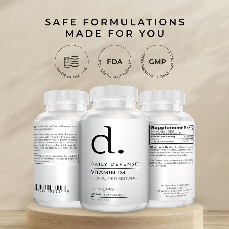 Immune Defense Supplements Vitamin D3 1500 IU for Heart Health, Daily Immune Support, Mental Clarity, & Muscle Function - 100 Vitamin D Tablets (D3 1500 IU) 100 Count (Pack of 1) 1500IU