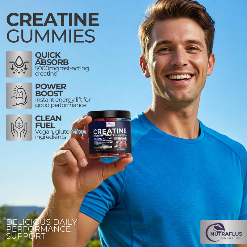 Creatine Monohydrate Gummies 8000mg, Vegan, Berry Flavor, 120 Count | Creatine Monohydrate Gummies for Men & Women, Creatine Gummies with BCAA, Taurine, L-Carnitine & Vitamin B12 – Made in USA