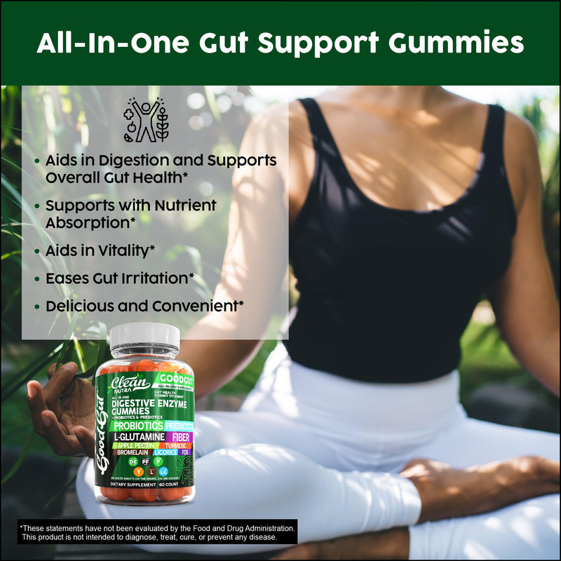 Clean Nutraceuticals Digestive Enzymes with Probiotics & Prebiotics for Digestive Health Gummies & L-Glutamine for Gut Health Bromelain Apple Pectin Inulin FOS Plant Based Vegan Gummy Vitamins 1