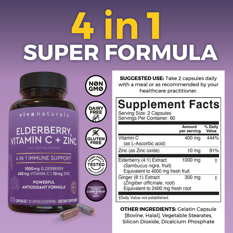 Viva Naturals Elderberry with Vitamin C and Zinc, 120 Capsules - 1000mg Sambucus Elderberry per Serving Immune Support Supplement, Black Elderberry Capsules for Adults, Elderberry Vitamins 120 Count (Pack of 1)