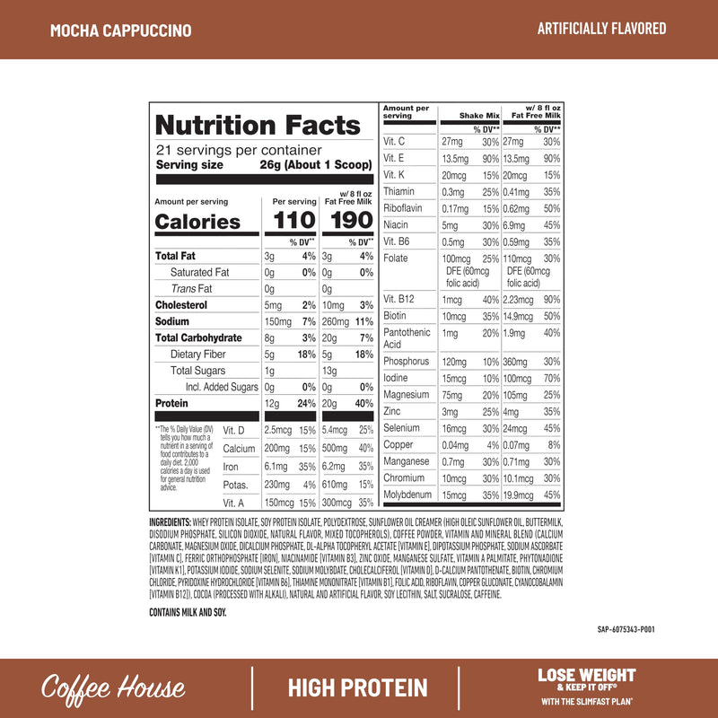 SlimFast High Protein Meal Replacement Powder, Caffeine Protein Powder, Energizing Protein Mix, Vitamin and Mineral Blend, Gluten Free, Coffee Flavored Protein Powder, Mocha Cappuccino, 21 Servings 19.25 Ounce (Pack of 1)