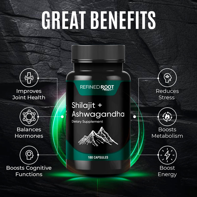 Shilajit for Men 1000mg & Ashwagandha Supplements 500mg (180 Capsules) - (20% Fulvic Acid Supplement) - Shilajit for Women
