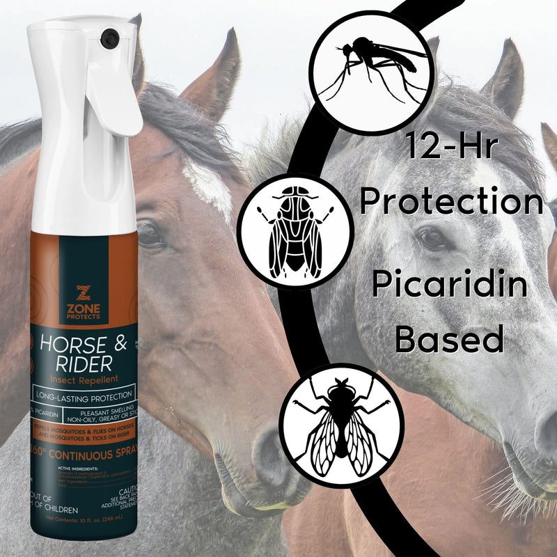 Zone Protects Horse & Rider Picaridin Insect Repellent – 10 oz Continuous Spray (Non-Aerosol), DEET-Free, 12-Hour Protection, Light Fresh Scent, Repels Flies, Horse Flies, Gnats, Mosquitoes