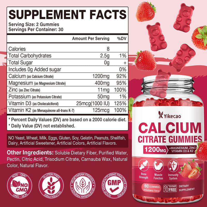 2 Pack Calcium Citrate Gummies 1200mg, Calcium Supplements for Women & Men, Calcium Gummies with Vitamin D3, K2, Magnesium, Zinc, Potassium, Muscle & Immune Support, Strawberry Flavor, 120 Count 2pack