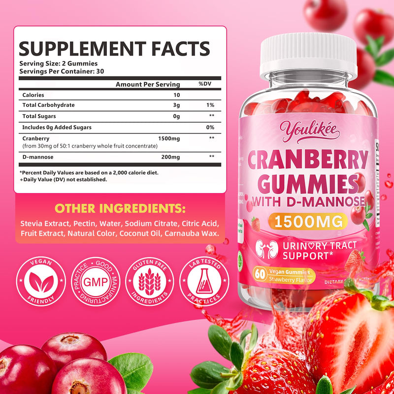 Vegan Cranberry Gummies with D Mannose - Supports Urinary Tract Health for Women & Men, Sugar-Free, Non-GMO and Gluten Free, Strawberry Flavor, 60 Count 60 Count (Pack of 1)