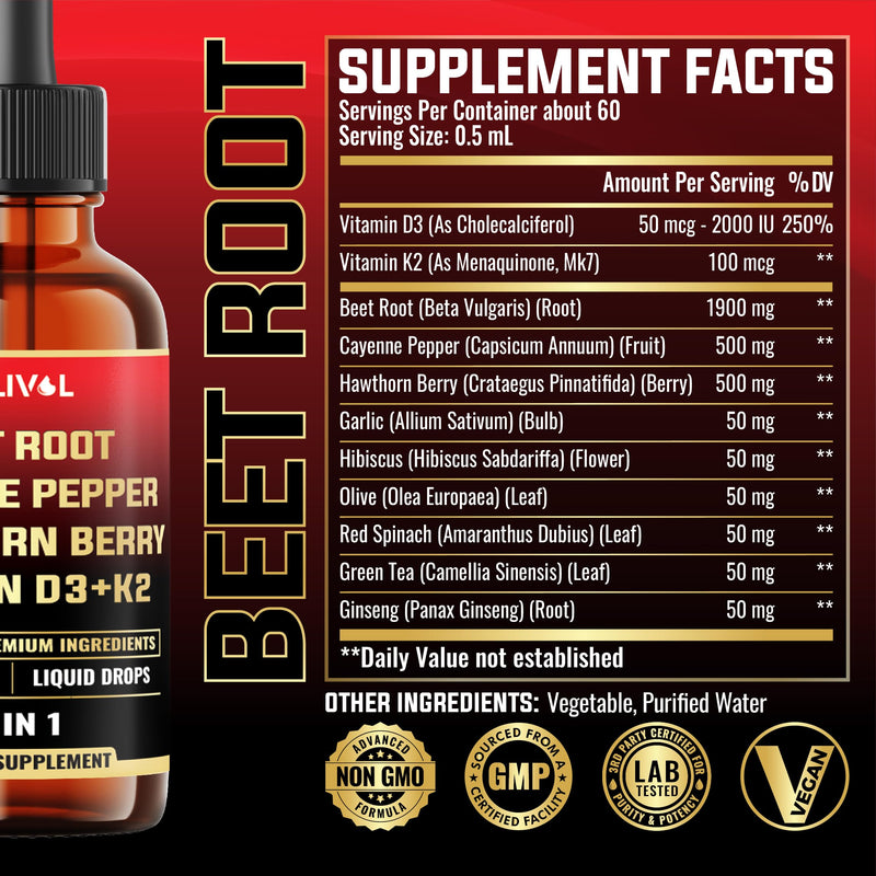 11in1 Beet Root Liquid Drops with Vitamin D3, Vitamin K2, Hawthorn Berry, Cayenne Pepper, Garlic, Hibiscus, Olive, Red Spinach, Green Tea, Ginseng - Digestion Support - 1 Fl Oz - 60 Day Supply