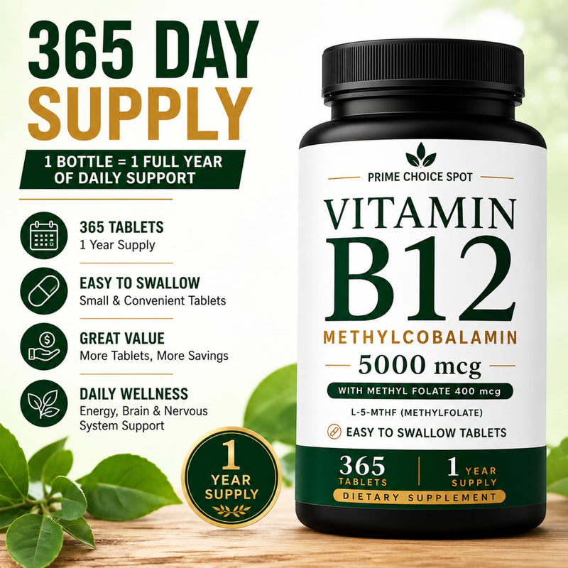 Vitamin B12 5000mcg with Methyl Folate, Methylcobalamin, 365 Tablets | 5000mcg Methylcobalamin + 400mcg L-5-MTHF • One Daily Tablet • Non-GMO • Vegetarian