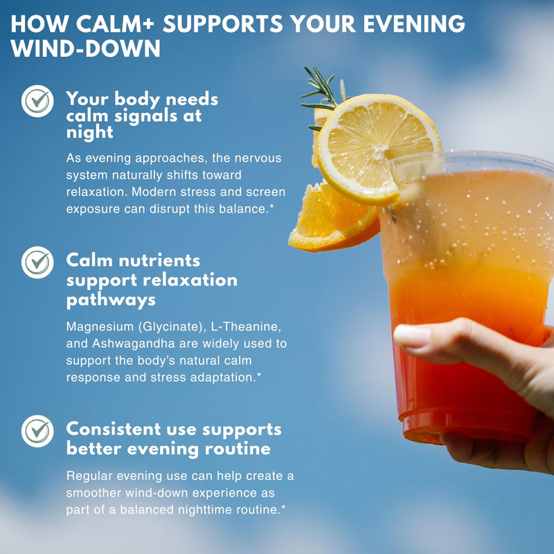 Calm+ Magnesium Glycinate Calm Drink Mix – Relaxation & Sleep Support Powder with L-Theanine & Ashwagandha for Cortisol Balance | Sugar Free | Evening Wind-Down Supplement – 30 Servings