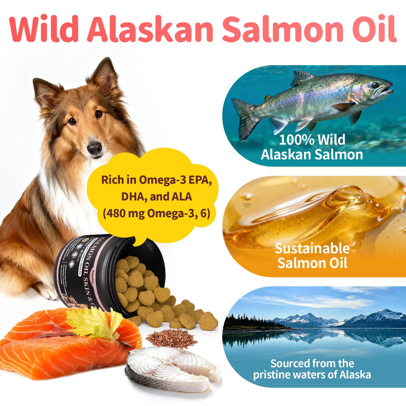 Salmon Oil for Dogs Skin & Coat, 13 in 1 Wild Alaskan Fish Oil for Dogs - Omega 3 EPA & DHA & ALA Fatty Acids, Dog Allergy Relief Chews, Joint & Immune Support, 90 Count, Chicken Flavor, Soft Chews Chicken 90Ct
