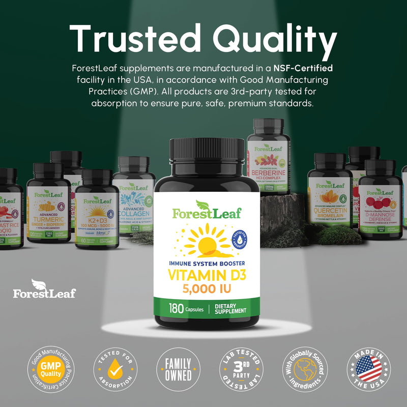 ForestLeaf Vitamin D3 5000 IU | VIT D - VIT D3 Vitamin D Supplements for Women and Men | Bone Health, Teeth and Immune Support | Easy to Swallow Pills | One Capsule Daily, 6-Month Supply, 180 Count 5,000 IU - 180 Count