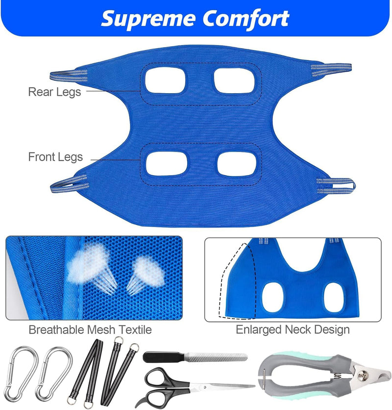 Pet Grooming Hammock with Nail Clippers/Nail Trimmers/Grooming Scissors, Dog Grooming Harness for Nail Trimming, Pet Grooming Sling Helper XL for X-Large Dogs 80LB Blue - BeesActive Australia