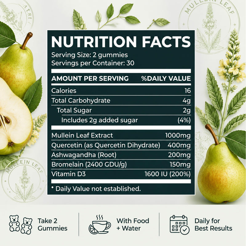 Vitanics Mullein Gummies, Mullein Leaf Extract for Lungs, Daily Respiratory Health Gummies with Quercetin, Ashwagandha, Bromelain & Vitamin D3, Lung Health & Sinus Relief, Pear Flavor, 30 Day Supply