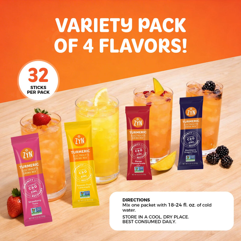 ZYN Turmeric & Electrolyte Packets for Hydration, Variety Pack, 32 Ct Variety Pack 32 32 Count (Pack of 1)