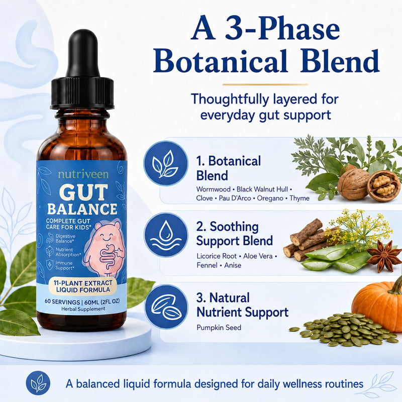 Gut Balance for Kids, 11-Plant Liquid, Raspberry, 60 Servings | Measured dropper, plant-based formula, no pills or capsules, simple daily use