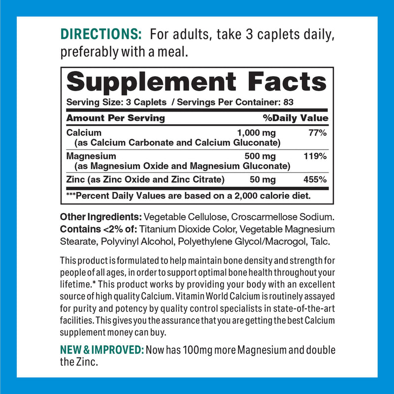 Vitamin World Calcium, Magnesium & Zinc, Supports Bone Health, 250 Caplets | Coated Caplets, Mineral Supplement, Gluten Free