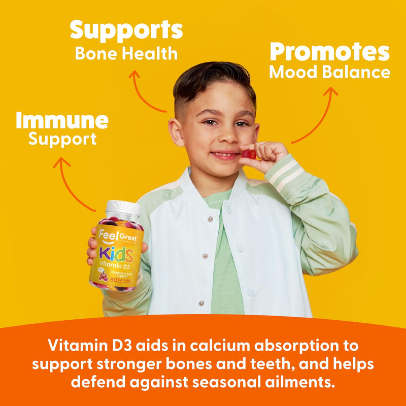 Feel Great Kids Vitamin D3 1000 IU Gummies, Bone & Immune Support, 90ct | Vitamin D3 for Immune & Bone Support, Citrus Flavor, Vegetarian Gummy, Year-Round Sunshine Nutrient Kids Vitamin D 90